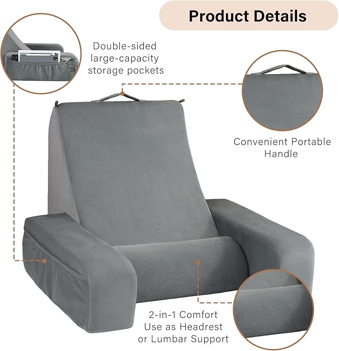 ENITYA 19" Back Support Pillow,Reading Pillow with Built-in Arms & Large Pockets, Removable Washable Cover, Wedge for Sitting,Reclining,Watching TV,Post Surgery in Bed,Couch or Floor,Medium Firm,Grey