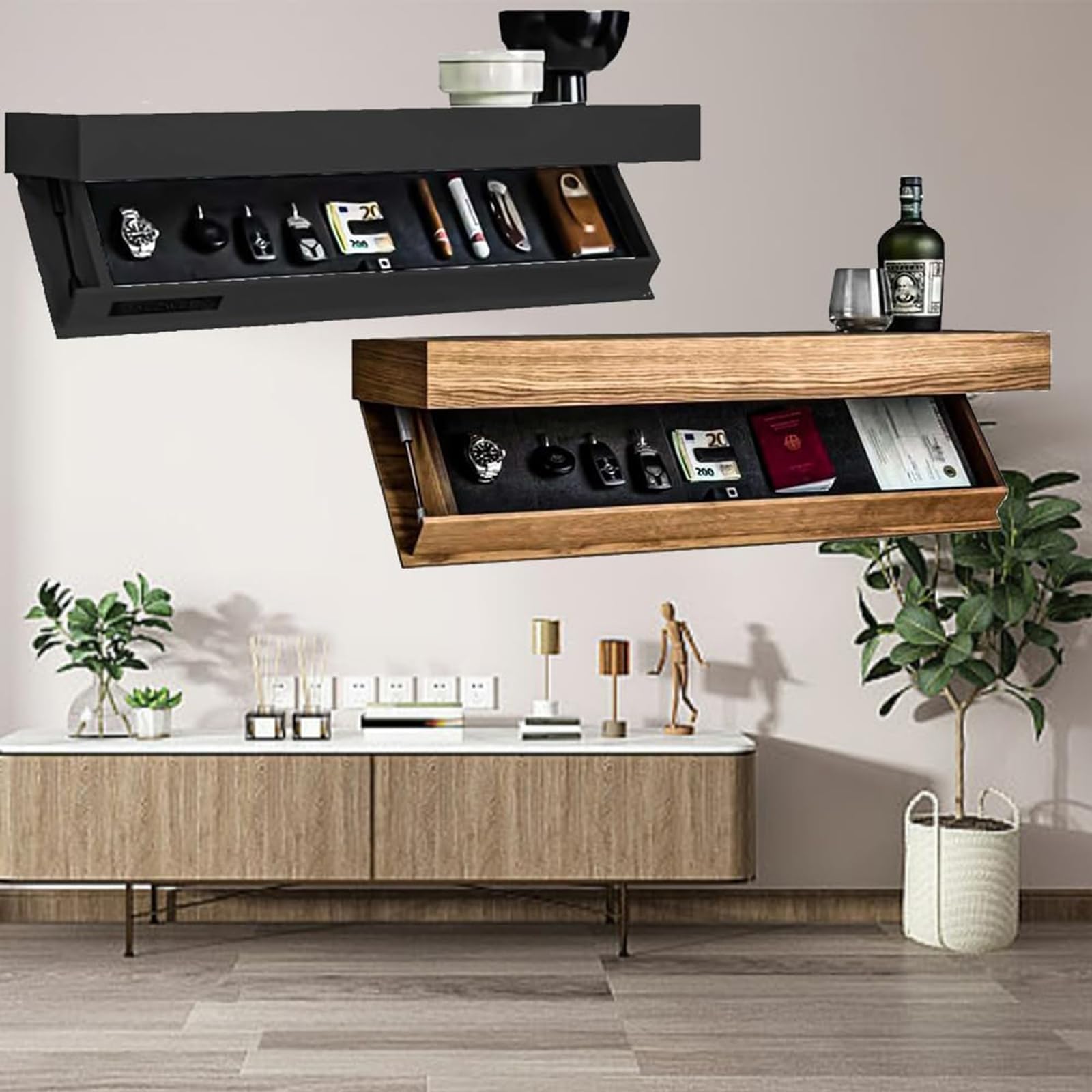 MagicFlap Designe Shelf with Secret Compartment– Hidden Compartment Storage, 50 lbs Capacity Wall Mounted Modern Shelf for Living Room Office Bedroom Concealed Safe for Valuables (Natural Wood)