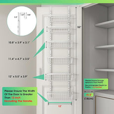 12 Inch Wide Narrow Over The Door Pantry Organizer, Pantry Organization and Storage, 6-Tier Metal Hanging Deep Basket Wall Spice Rack Seasoning Shelves, Home & Kitchen Essentials, White