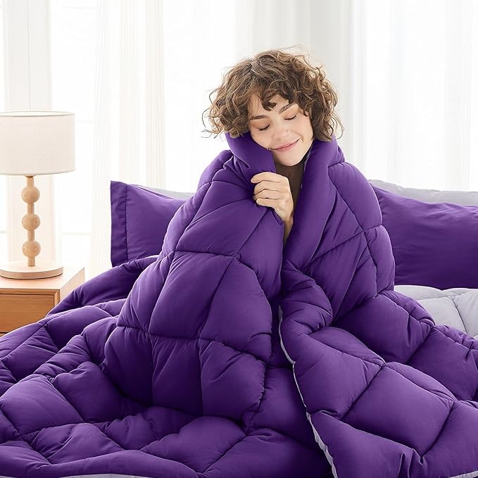 MUXHOMO 5 Pieces Twin XL Comforter Set, Reversible Bed in a Bag Twin XL Size, All Season Bedding Set with Comforter, Flat Sheet, Fitted Sheet, Pillowcases & Shams, Purple & Lavender