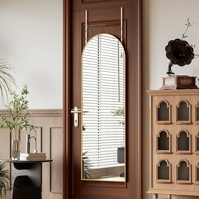 BEAUTYPEAK 14" x 48" Adjustable Height Over The Door Mirror, Arch Full Length Hanging Door Mirror with Shatterproof Tempered Glass Aluminum Alloy Frame for Bedroom, Living Room, Bathroom, Dorm, Gold