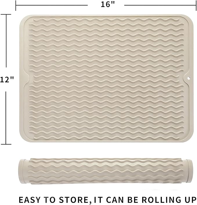 Silicone Dish Drying Mat for Multiple Usage,Easy clean,Eco-friendly,Heat-resistant Silicone Mat for Kitchen Counter or Sink,Refrigerator or drawer liner Tapioca L 16 inches x 12 inches