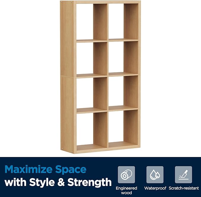 8 Cube Storage Organizer, Cube Shelf with Heavy-Duty Thick Boards, 25.12" L x 9.37" W x 48.74" H, Smooth Easy-Clean Panels, Simple Assembly, for Living Room Bedroom Office, Natural-Oak