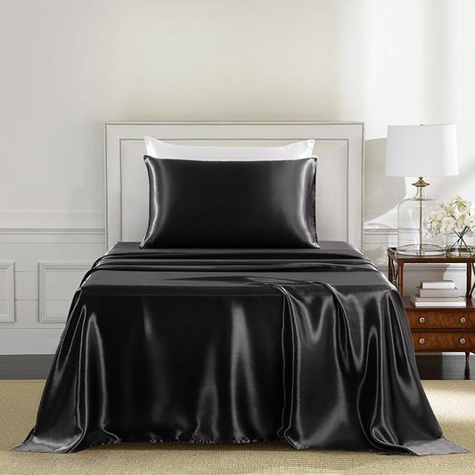 Satin Sheets Twin Size - 3 Pieces Luxury Silky Soft Bed Sheets for Kids, Wrinkle-Free Black Satin Silk Sheet Set with 1 Deep Pocket Fitted Sheet, 1 Flat Sheet, 1 Pillow case