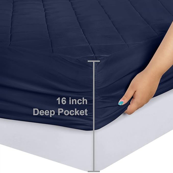Utopia Bedding Quilted Fitted Mattress Pad, King Size, Elastic Fitted Mattress Topper Protector and Cover with Deep Pocket Stretches up to 16 Inches, Machine Washable (Navy)