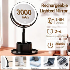 Shinowa Makeup Mirror with Lights, 1X/20X Lighted Magnifying Mirror with Storage for Makeup & Jewelry, 2-Sided Height Adjustable Vanity Mirror with 3 Color Lights, 360° Rotation & Rechargeable, Black