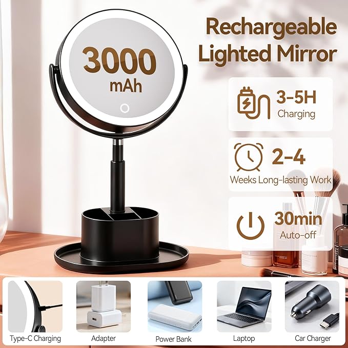 Shinowa Makeup Mirror with Lights, 1X/20X Lighted Magnifying Mirror with Storage for Makeup & Jewelry, 2-Sided Height Adjustable Vanity Mirror with 3 Color Lights, 360° Rotation & Rechargeable, Black