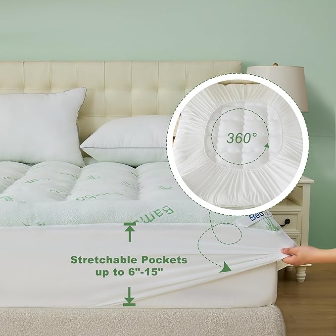 BEDLORE Full Size Mattress Topper Viscose Derived from Bamboo, Thick Pillow Top Mattress Pad with Stretchable Pockets for 6"-15" Mattress, Breathable Mattress Topper for Back Pain Relief