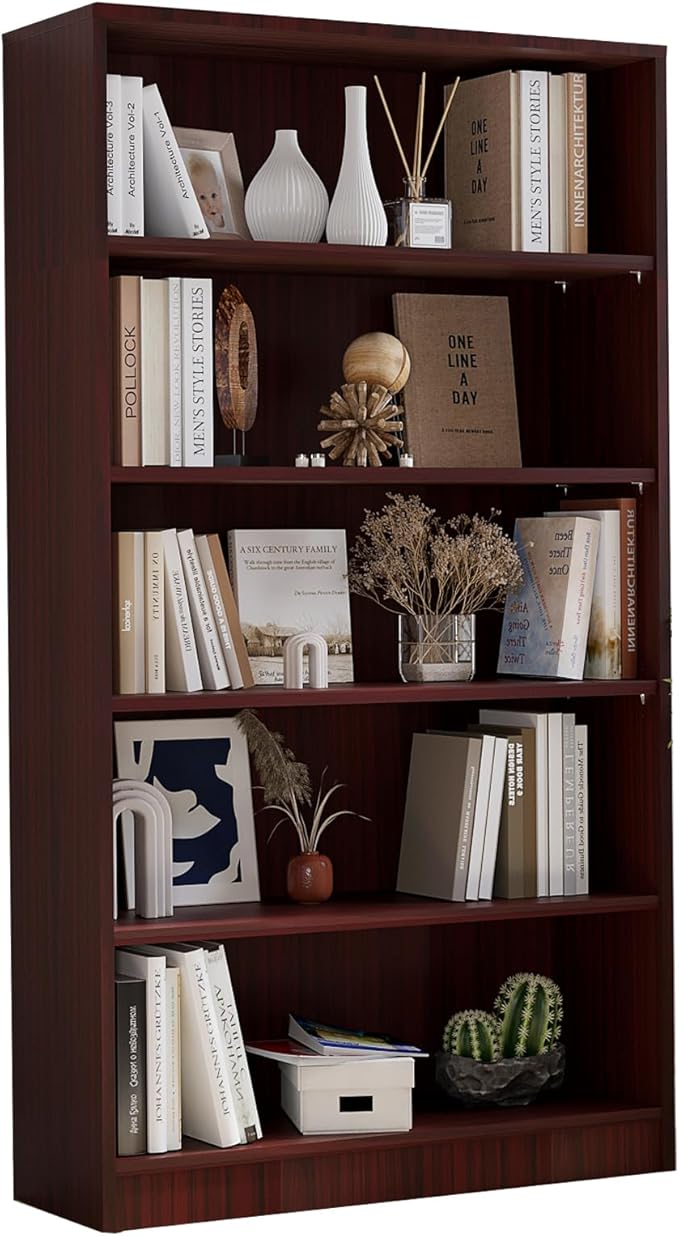 Farini 5 Shelf boockase Display Bookcase Freestanding Wooden Bookshelves for Home Office Living Room,60 Inch Height,Mahogany