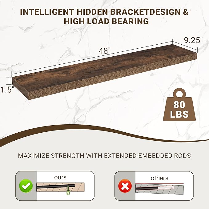48 Inch Floating Shelves, 48"x9.25"x1.5" Inch Deep Floating Shelves for Wall, Wooden Shelves for Bathroom, Bedroom, Living Room, Brown, 1 Piece
