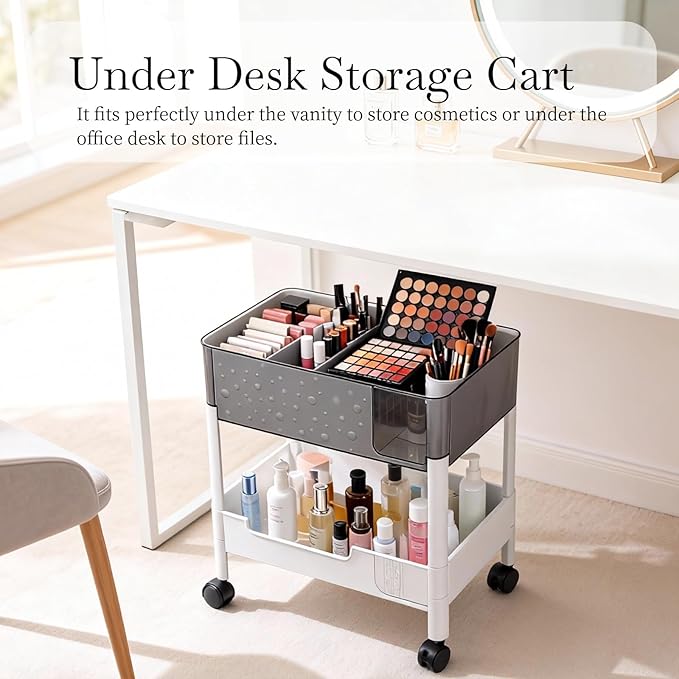 2 Tier Rolling Cart with Wheels for Under Desk Storage, Heavy Duty Plastic Short Small Utility Cart for Small Space Pantry Room Kitchen Laundry Bathroom, 4.7'' Deep Baskets for Tall Bottles