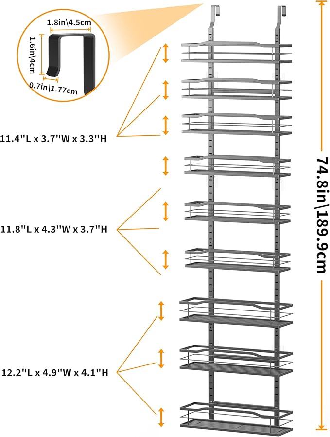 Moforoco 12.2"(W) Narrow 9-Tier Over The Door Pantry Organizer, Pantry Organization and Storage, Black Hanging Basket Wall Spice Rack Seasoning Shelves, Home & Kitchen