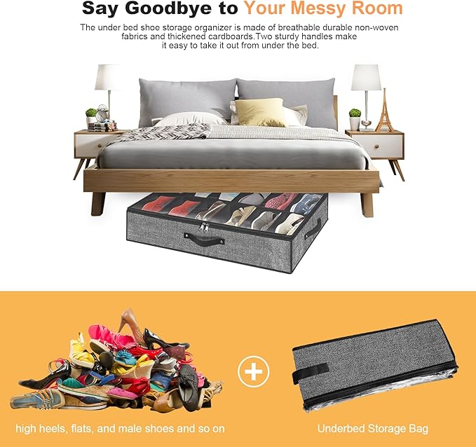 homyfort Under Bed Shoe Storage Organizer Fits 12 Pairs- Underbed Shoe Container Solution Shoes Box Bins with Clear Window for Sneakers,High Heels,Flip Flop(Black)
