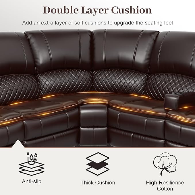 Manual Reclining Sectional Sofa Set, 6 Seats Soft Leather Recliner Corner Sectional Couch, Family-Sized L-Shaped Recliner Couch with USB Charging, Thickened Padding, Sturdy Frame, Brown