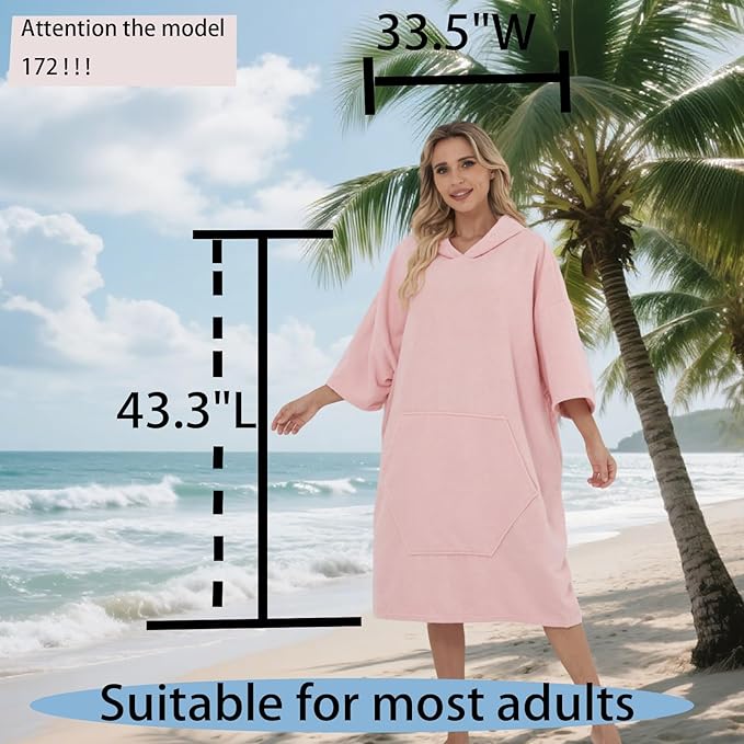 Surf Poncho Hooded Beach Towel, Quick Dry Terry Cloth, Extra Large Changing Robe with Pockets for Adults, Unisex Skin Pink Cover-Up for Swim, Bath, Beach, Gift for Swimmer Lovers