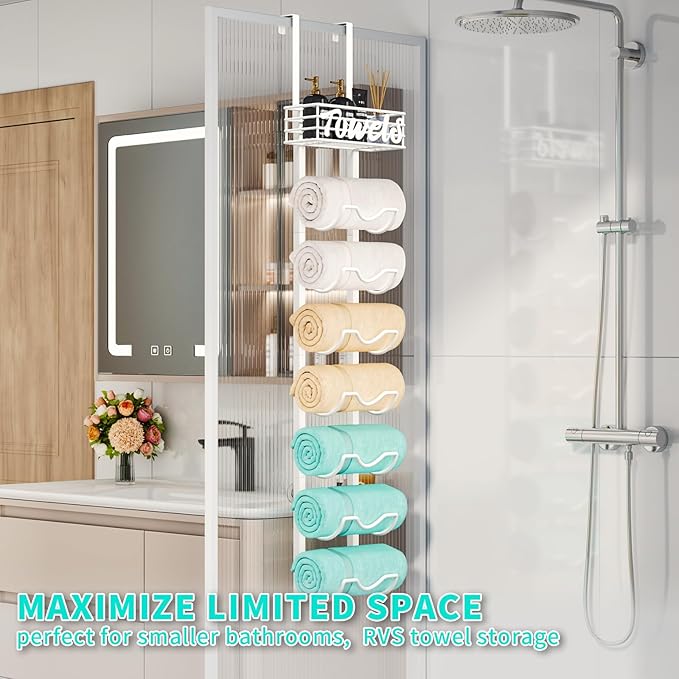HapiRm Over The Door Towel Rack - 8 Tier Wall Mount Rolled Towel Holder Storage Organizer Shelf with Storage Basket for Small Bathroom, Rv, Camper - White