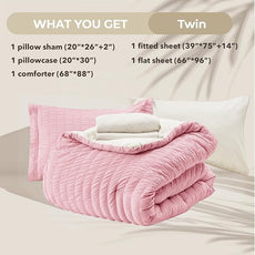 HYMOKEGE Pink/Ivory Twin Comforter Set Seersucker 5 Pieces, All Season Luxury Bed in a Bag for Bedroom, Bedding Set with Comforter, Sheets, Pillowcase & Sham