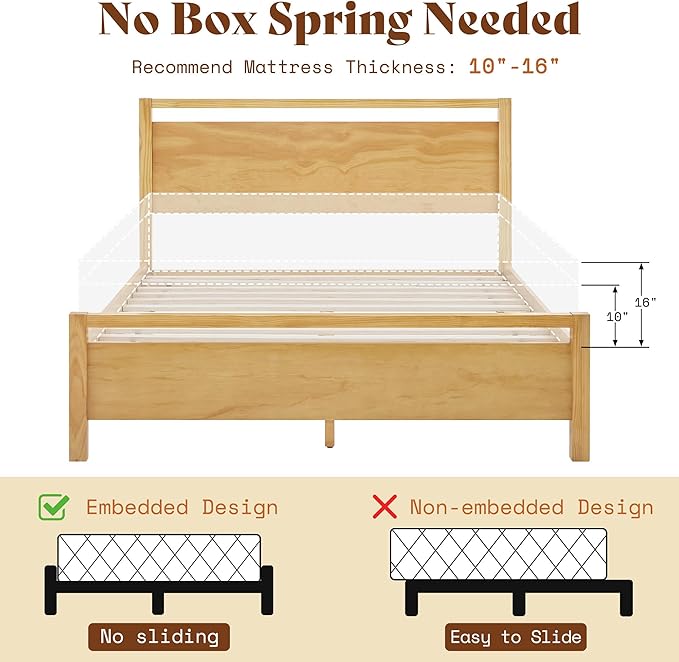 AMERLIFE Queen Size Solid Wood Bed Frame with Headboard, Minimalist Platform Bed with Wood Slats Support/No Box Spring Needed/Easy Assembly/Noise-Free, Natural