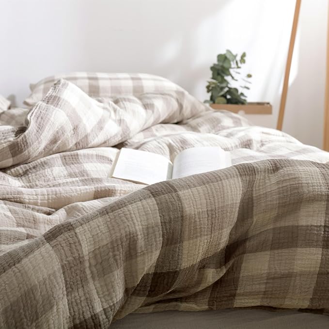 VM VOUGEMARKET King Duvet Cover Set Beige Grey Plaid Bedding Set Soft Breathable 3 Layers Muslin Cotton Linen Like Gauze Comforter Cover with Zipper Closure-3 Pieces,104"x90"