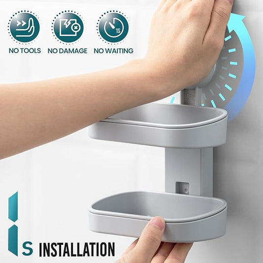 TAILI Double Layer Soap Dish Holder Suction Cup, Strong Sponge Holder for Shower, No Tools Soap Saver for Bathroom, Tub and Kitchen Sink, Shower Accessories, Drill-Free, Removable, Grey