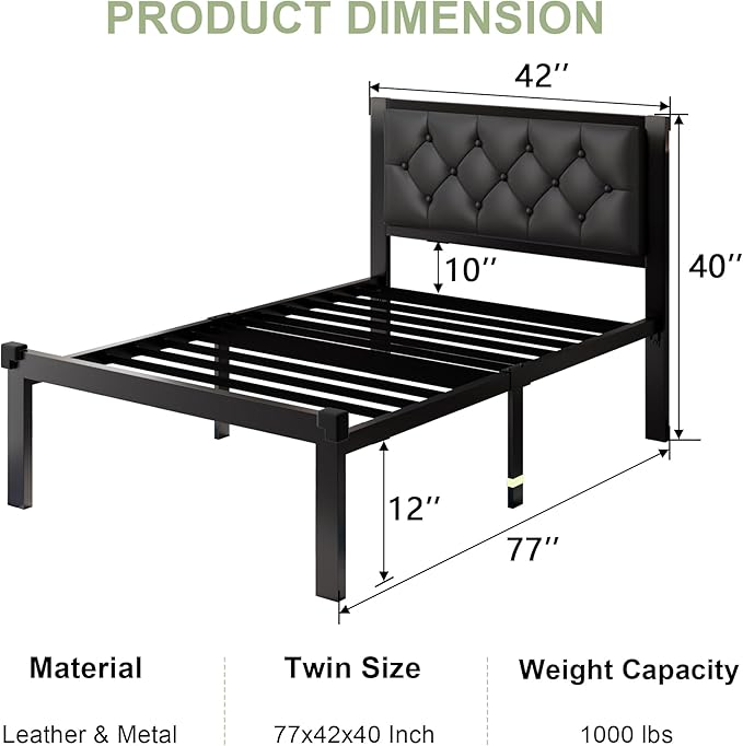 Feonase Twin Size Metal Bed Frame with Faux Leather Button Tufted Headboard, Heavy-Duty Platform Bed Frame with 12" Storage, Steel Slats Support, No Box Spring Needed, Noise Free, Matte Black
