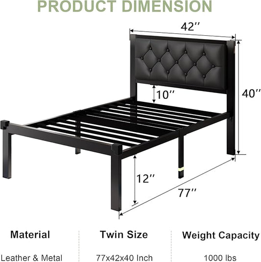 Feonase Twin Size Metal Bed Frame with Faux Leather Button Tufted Headboard, Heavy-Duty Platform Bed Frame with 12" Storage, Steel Slats Support, No Box Spring Needed, Noise Free, Matte Black