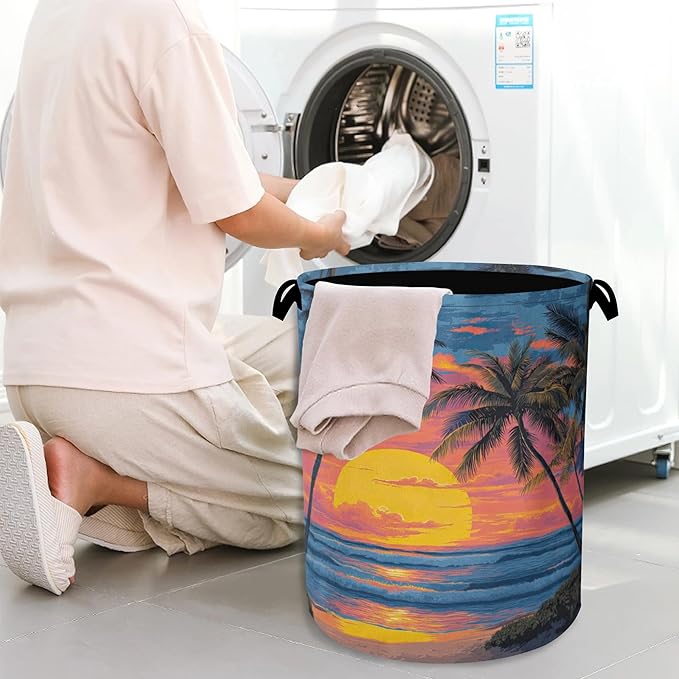 Tropical Palm Tree Laundry Basket,Sunset Beach Oxford Cloth Laundry Hamper with Handle Foldable Portable Clothes Storage Basket for Bathroom Bedroom Dorm Room 16" x 20.8"