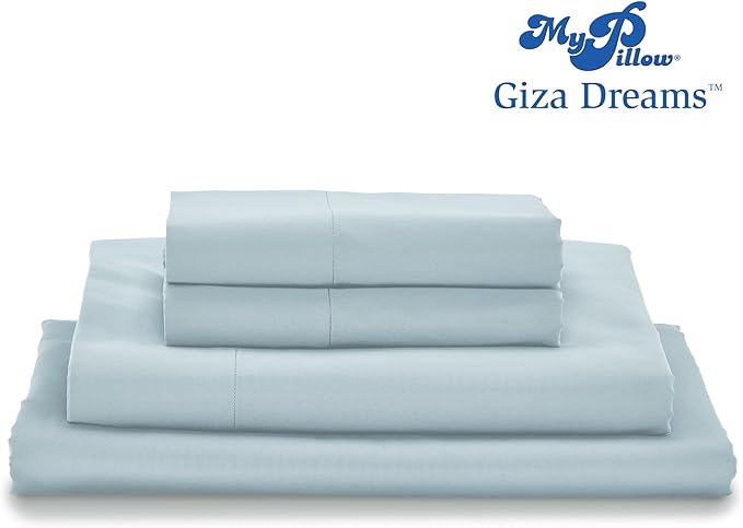 MyPillow Giza Dreams Bed Sheets, 100% Certified Giza Egyptian Cotton, Deep Pocket, Sateen Weave [Queen, Light Blue]