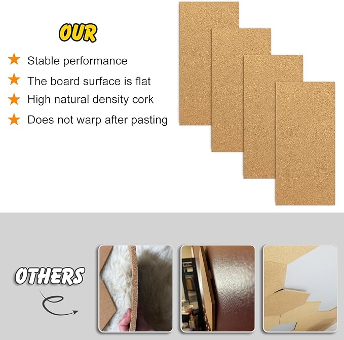 TUPARKA 4 Pack Cork Board Bulletin Boards 17"x8" - 1/4" Self-Adhesive Corkboards for Wall with 100 Push Pins, Square Cork Tiles for Home, School, Office Decorative