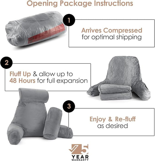 Nestl Reading Pillow with Shredded Memory Foam Includes 2 Neck and Lumber Support Pillows, Designed for Sitting Up in Bed and Couch, Back and Arms Adjustable Support for Adult & Teens, Grey