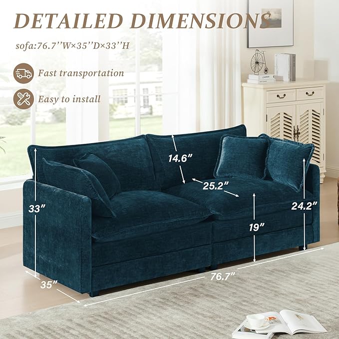 SoarFlash Chenille Sectional Sofa, Comfy Modular Loveseat Sofa, Modern 2-Seat Couch Deep Seat Sofa Set for Living Room,Deep Blue