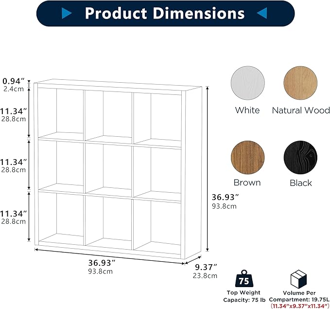 9-Cube Storage Organizer, Wooden Cube Shelf Bookcase with Reinforced Thick Shelves, Heavy-Duty 36.93" L x 9.37" W x 36.93" H, for Living Room Bedroom Home Office, White
