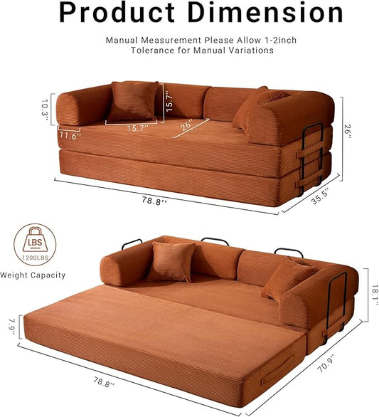 Compressed Sofa, Convertible Sofa Bed, Corduroy Compression Boneless Couch with Pillow, Comfy Modular Foldable Floor Sleeper Sofa for Bedroom, Living Room, Lounge, Studio (Orange)