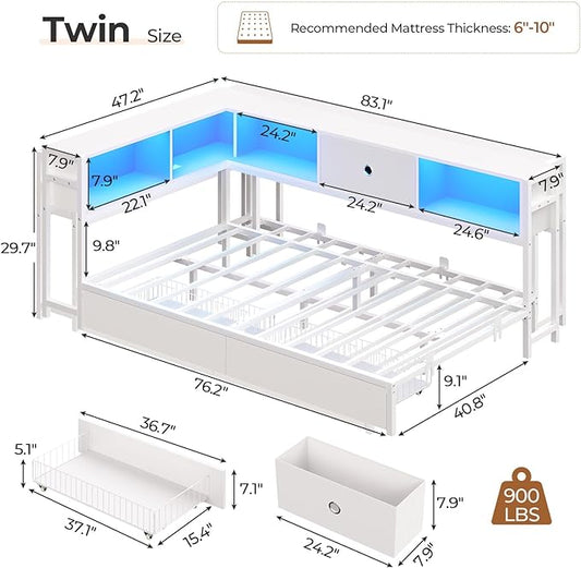 Hasuit Corner Twin Bed Frame with Storage Drawers and Bookcase Headboard, Twin Size Metal Platform Corner Bed Frame with Charging Station and LED Lights, Twin Daybed for Kids Teens Guests, White
