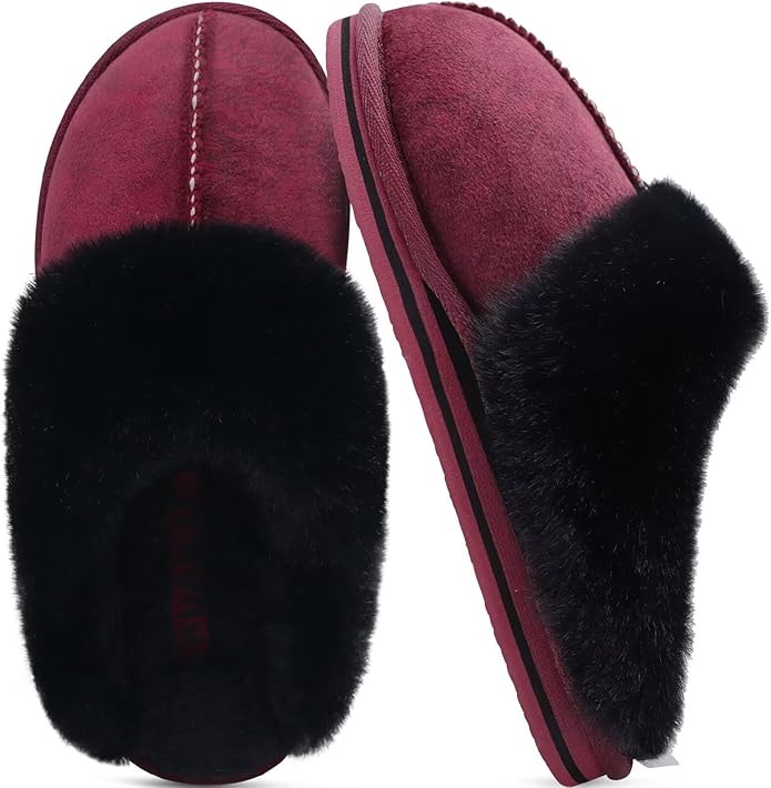 KuaiLu Womens Fluff Dual Memory Foam Slippers Ladies Cozy Arch Support Warm Scuff Slippers Slip on Comfy Winter House Shoes with Non-Slip Indoor Outdoor Hard Sole