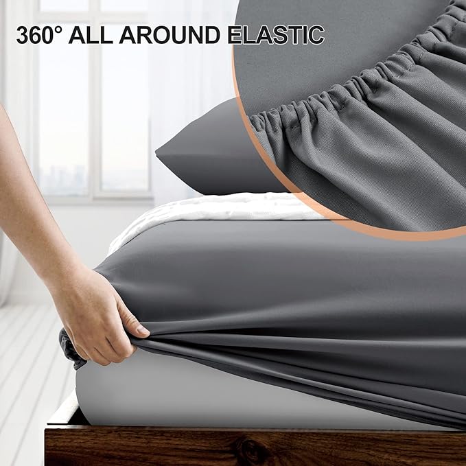 FreshCulture King Fitted Sheet Only - Hotel Quality Fitted Sheet King Size - Ultra Soft & Breathable - Brushed Microfiber - Deep Pocket - Cooling Fitted Sheets for King Size Bed (Dark Grey)