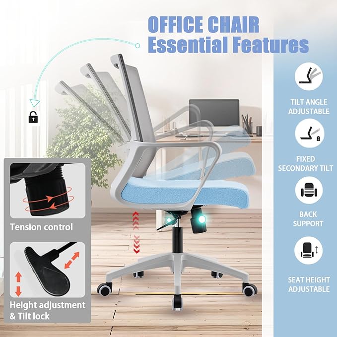 Office Chair ergonomically Designed with Breathable mesh backrest and Lumbar Support Adjustable Height Suitable for Offices Homes bedrooms Study Rooms (Blue)