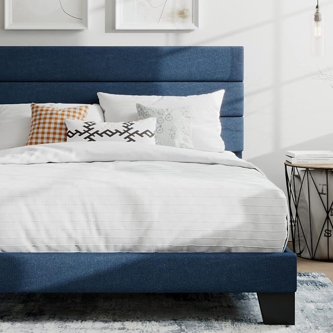 SHA CERLIN Queen Platform Bed Frame with Upholstered Fabric Headboard, Mattress Foundation with Strong Wooden Slats Support, No Box Spring Needed, Blue