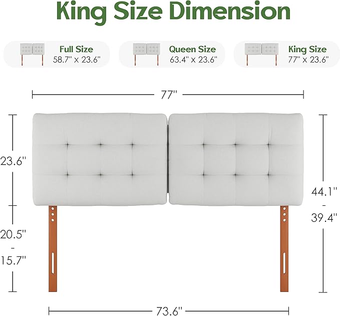 Tufted Upholstered King Headboard, Adjustable Height King Size Headboard Only from 39”to 44” with Durable Solid Wood Legs, Modern Button Diamond Fabric Head Board with Width Adapters, Beige