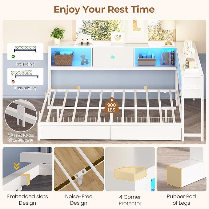 Hasuit Corner Full Bed Frame with Storage Drawers and Bookcase Headboard, Full Size Metal Platform Corner Bed Frame with Charging Station and LED Lights, Full Daybed for Kids Teens Guests, White