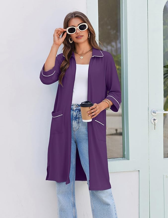 Ekouaer Zipper Robes for Women 3/4 Sleeve Housecoats Knee Length Bathrobe Lightweight Nightgown with Pockets S-3XL