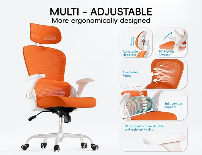 TRALT Office Chair - Ergonomic Office Chair with Back Support, Home Office Desk Chairs, 330lbs Wide Seat Big and Tall Office Chairs with Headrest, Comfy Desk Chairs (Orange)