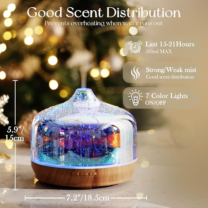 Porseme 500ml Essential Oil Diffuser 3D Glass Aromatherapy Ultrasonic Humidifier - Auto Shut-Off, BPA Free for Home Hotel Yoga Gift