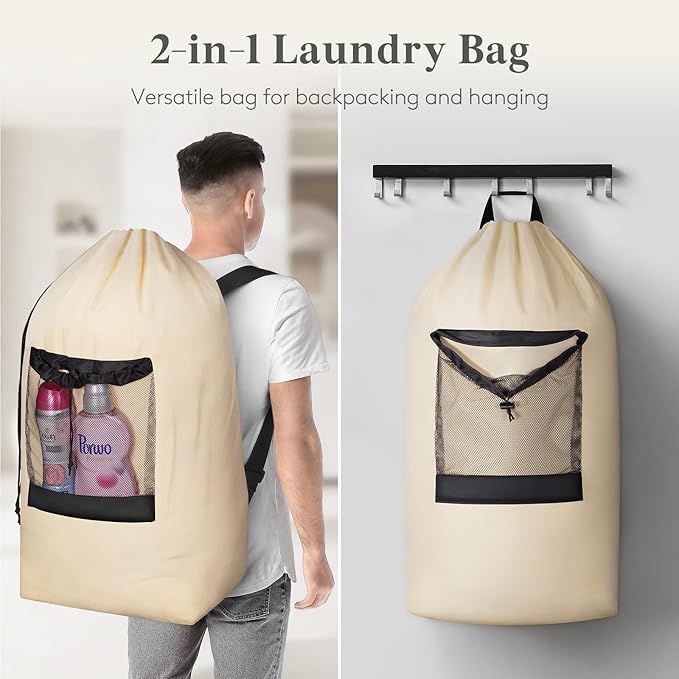 Lifewit 90L Laundry Bag, Extra Large Laundry Backpack with Shoulder Straps and Mesh Pocket for Laundromat, Heavy Duty Laundry Bag Backpack for Dirty Clothes for College Dorm/Travel/Apartment, Khaki