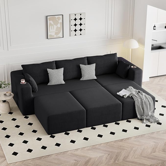 Furnimart 112" Oversized Modular Sectional Sleeper Sofa with 3 Ottomans, Boneless Cloud Couch Bed 3 Seater with Chaise for Living Room, Modern Convertible Sleeper Couch, No Assembly, Corduroy Black