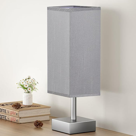 aooshine Grey Table Lamp - Bedside Lamp for Bedroom, Minimalist Nightstand Lamp with Square Fabric Shade, Desk Lamp for Kids Room Dorm