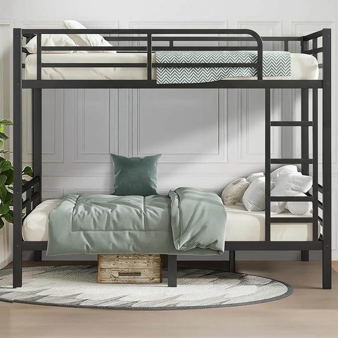 Twin XL Over Twin XL Bunk Bed, Metal Bunk Bed Frame Heavy Duty Bunk Beds Loft Bed Frame with Ladder and Guardrail Metal Slats No Box Spring Required for Adults Teens, Black