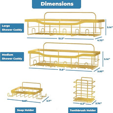 Fab Glass and Mirror 5-Pack Shower Caddy, Gold - Shower Organizer & Shelves for Efficient Storage, Bathroom Caddy for Wall Organizer, Durable Showers Wall Caddy