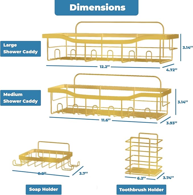 Fab Glass and Mirror 5-Pack Shower Caddy, Gold - Shower Organizer & Shelves for Efficient Storage, Bathroom Caddy for Wall Organizer, Durable Showers Wall Caddy