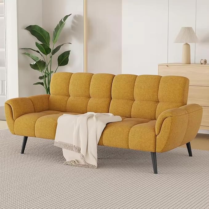 Futon Sofa Bed, Convertible 77" Modern Linen Futon Couch, Comfy Sleeper Sofa with Adjustable Backrests, Couch Bed for Small Spaces, Living Room, Bedroom, Apartment, Golden Yellow